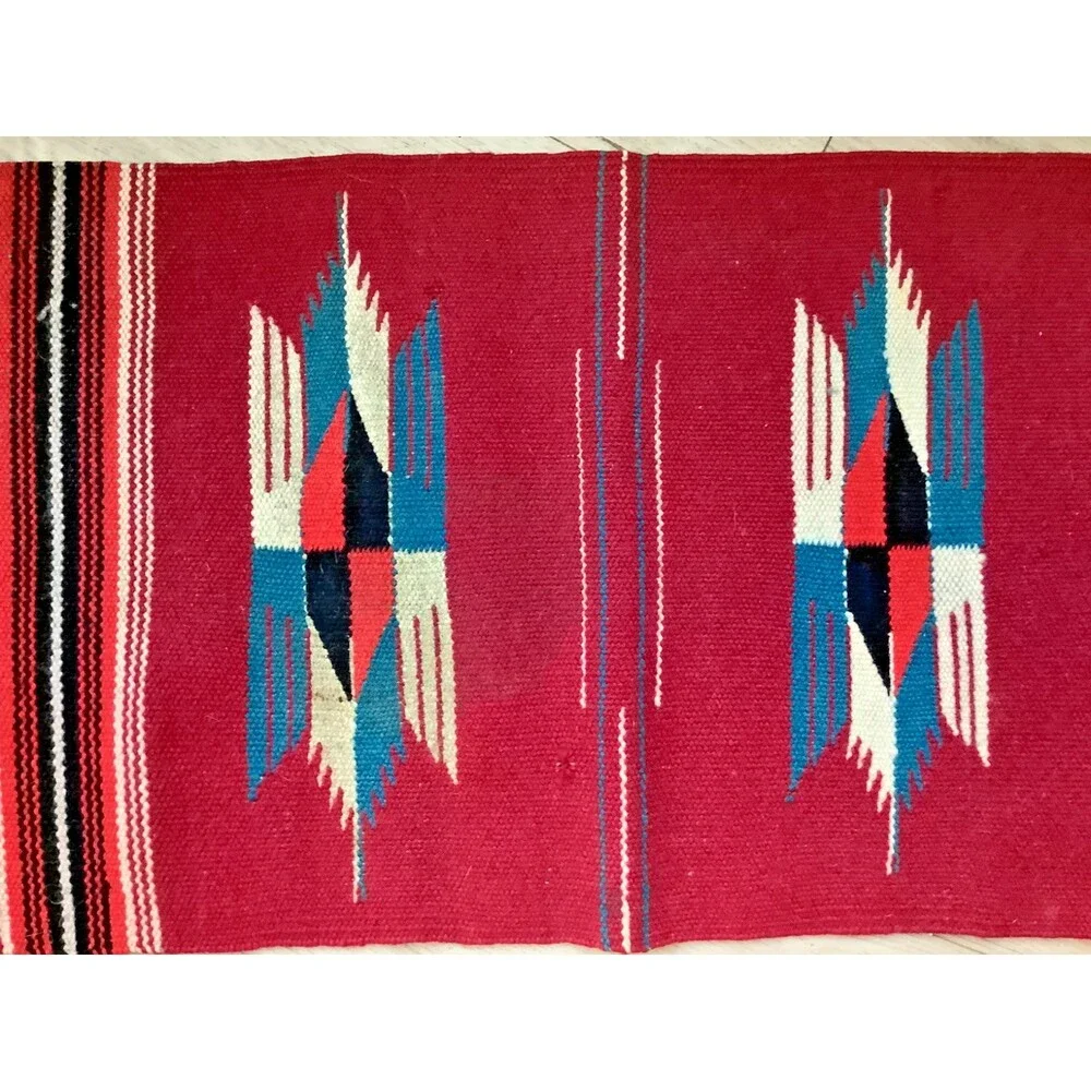 Hand Woven Southwest Wool Table Runner Wall Art Rug Red Geometric 13